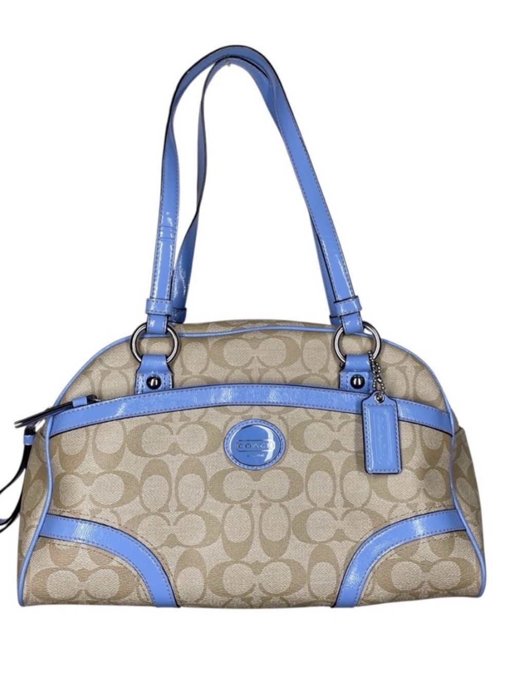 Coach Beige Signature Canvas Shoulder Bag with Blue Trim